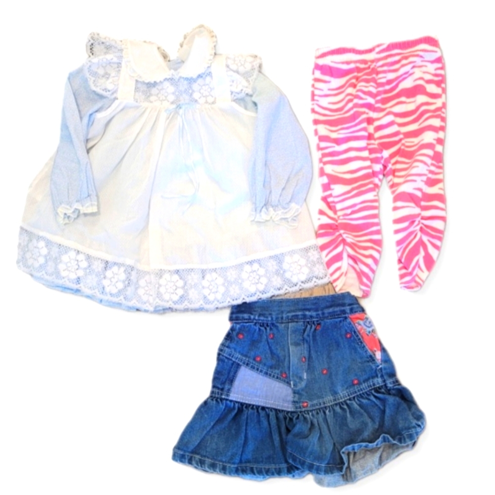 Childs Clothing Pieces Blue Dress White Pinafore Pink Zebra Pants Denim Skirt 3T